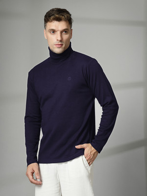 CHKOKKO Solid Men Turtle Neck Black T-Shirt