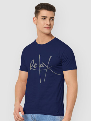 ROYALTRADERS Printed Men Round Neck Navy Blue T-Shirt