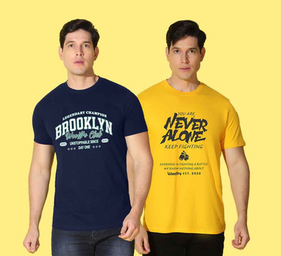 WOOSTRO Printed Men Round Neck Blue, Yellow T-Shirt