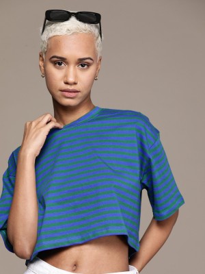 Roadster Striped Women Round Neck Blue T-Shirt