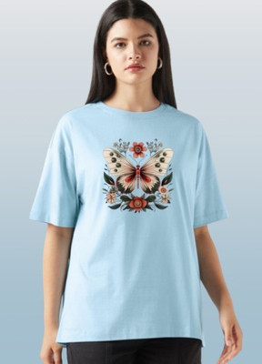 EKKANIYA Self Design Women Round Neck Light Blue T-Shirt