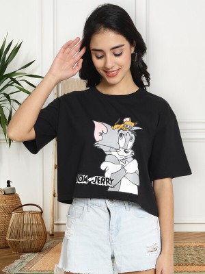 TOM AND JERRY by DreamBe Printed Women Round Neck Black T-Shirt