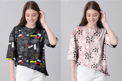 TULSI ENTERPRISES Printed Women Round Neck Multicolor, Pink T-Shirt