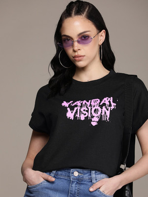 Roadster Printed, Typography Women Round Neck Black T-Shirt