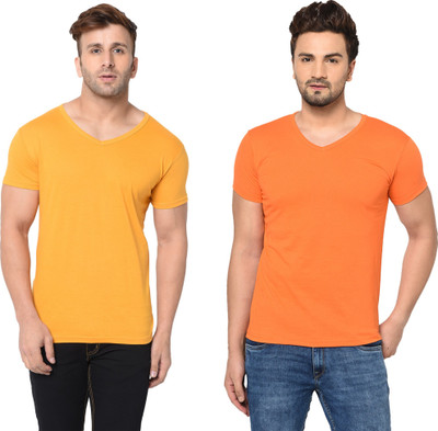 Tresna Fab Solid Men V Neck Yellow T-Shirt