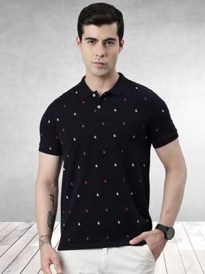 METRONAUT Printed Men Polo Neck Navy Blue T-Shirt