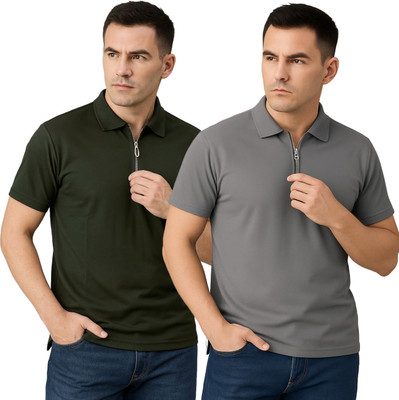 BLACK COOL Solid Men Polo Neck Green, Grey T-Shirt