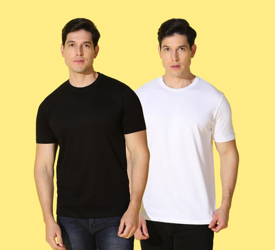 WOOSTRO Solid Men Round Neck Black, White T-Shirt