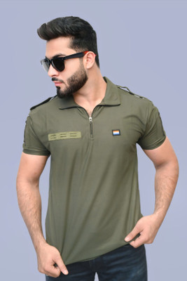 AZYXREN Solid Men Zip Neck Dark Green T-Shirt
