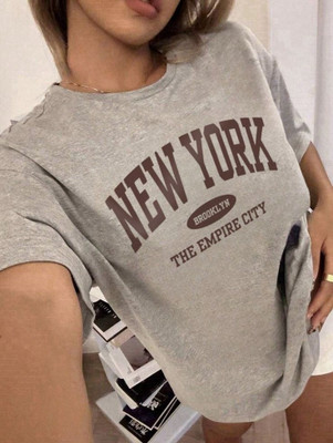 Mee Shop Printed, Graphic Print Women Round Neck Grey T-Shirt