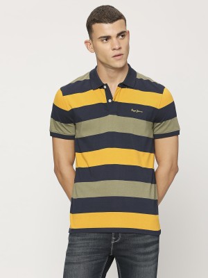 Pepe Jeans Striped Men Polo Neck Blue T-Shirt