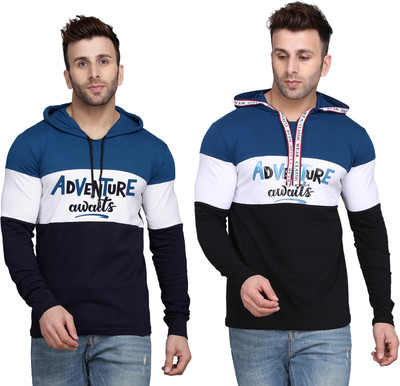 SLOWLORIS Printed Men Hooded Neck Dark Blue T-Shirt