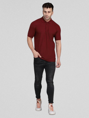 GETOFLY Solid Men Polo Neck Maroon T-Shirt