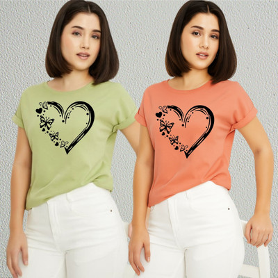Lecowar Printed Women Round Neck Green, Pink T-Shirt