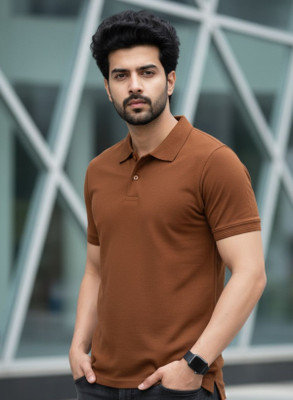 FARSH Solid Men Polo Neck Brown T-Shirt