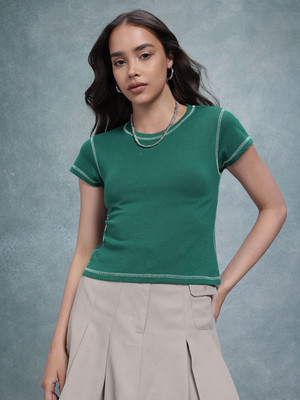 Roadster Solid Women Round Neck Green T-Shirt