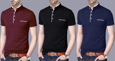 Reya Solid Men Mandarin Collar Multicolor T-Shirt