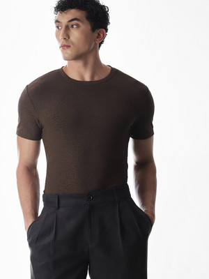 JACK & JONES Self Design Men Round Neck Brown T-Shirt
