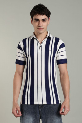 Vividvibe Self Design Men Polo Neck Navy Blue T-Shirt