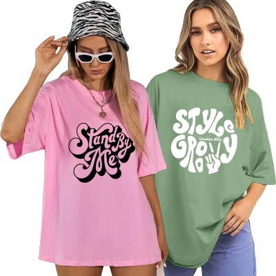 London Hills Printed Women Round Neck Green, Pink T-Shirt