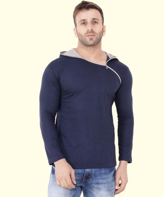 BEYOU FASHION Solid Men Hooded Neck Blue T-Shirt