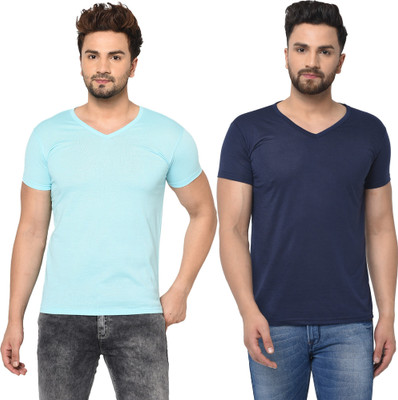 Tresna Trendy Solid Men V Neck Green, Blue T-Shirt