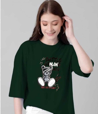 NVYARI Printed Women Round Neck Dark Green T-Shirt