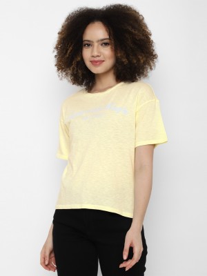 American Eagle Outfitters Typography Women Round Neck Yellow T-Shirt