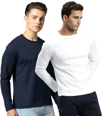 Organic Chics Solid Men Round Neck White, Dark Blue T-Shirt