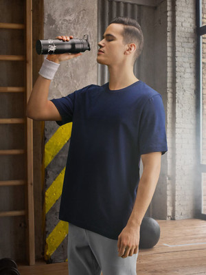 RULEDBYSUN Solid Men Round Neck Navy Blue T-Shirt