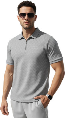Leotude Solid Men Polo Neck Grey T-Shirt