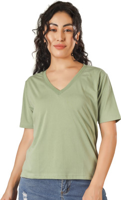 Clothza Solid Women V Neck Light Green T-Shirt