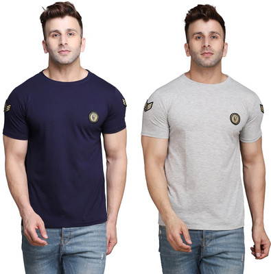 Blisstone Solid Men Round Neck Silver, Dark Blue T-Shirt