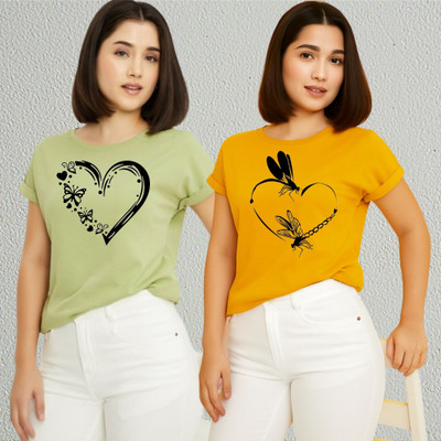 Lecowar Printed Women Round Neck Green, Yellow T-Shirt