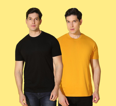 WOOSTRO Solid, Printed Men Round Neck Yellow, Black T-Shirt