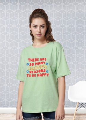 SLENOR Printed, Typography Women Round Neck Light Green T-Shirt