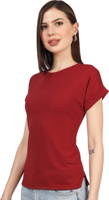 Brrfedy Self Design Women Round Neck Maroon T-Shirt