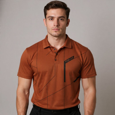 VITON Geometric Print, Typography Men Polo Neck Brown T-Shirt