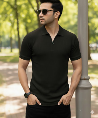 DSV Striped Men Zip Neck White T-Shirt