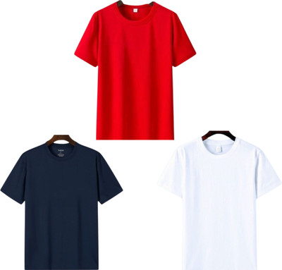 TTFE Solid Men Round Neck Red, Navy Blue, White T-Shirt