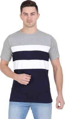 Styvibe Colorblock Men Round Neck White, Blue, Grey T-Shirt