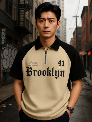 Jump Cuts Printed Men Polo Neck Beige T-Shirt