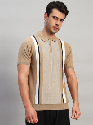 CANTABIL Striped Men Polo Neck Beige T-Shirt
