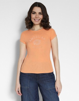 American Eagle Self Design Women Crew Neck Orange T-Shirt