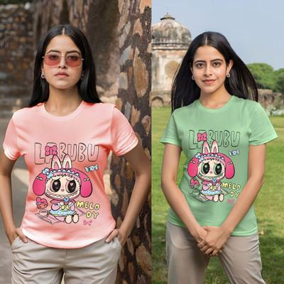 Kasendra Printed Women Round Neck Pink, Green T-Shirt