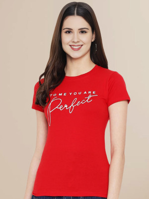 SZN Solid Women Round Neck Red T-Shirt