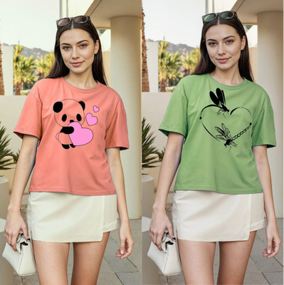 Herway Printed Women Round Neck Pink, Green T-Shirt