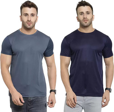 RIVAAZ Collections Solid Men Round Neck Reversible Grey, Navy Blue T-Shirt