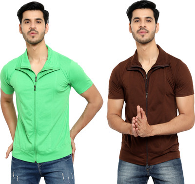 Moordale Solid Men Polo Neck Green, Brown T-Shirt