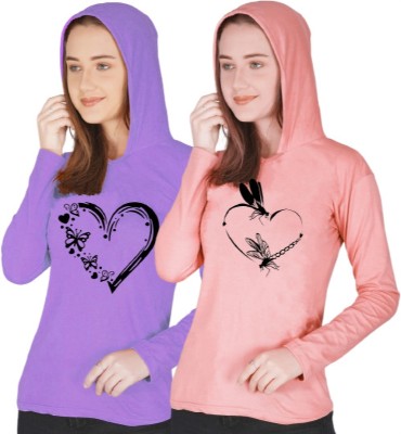 Lecowar Graphic Print Women Hooded Neck Purple, Pink T-Shirt